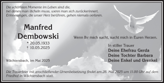 Traueranzeige von Manfred Dembowski von Gelnhäuser Neue Zeitung