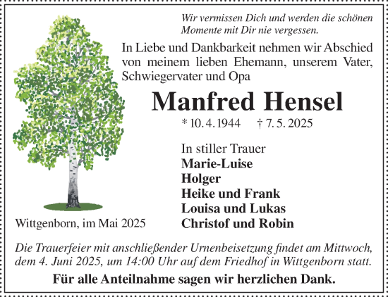 Traueranzeige von Manfred Hensel von Mittelhessen-Bote