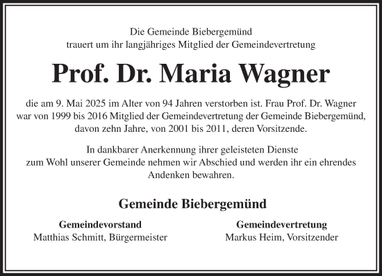 Traueranzeige von Maria Wagner von Gelnhäuser Neue Zeitung