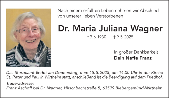 Traueranzeige von Maria Juliana Wagner von Gelnhäuser Neue Zeitung