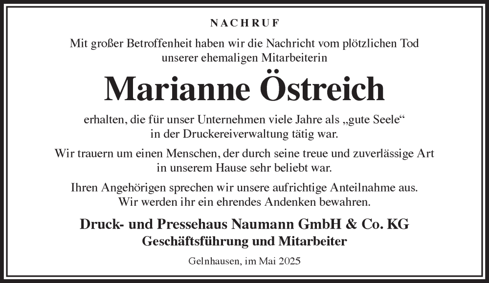  Traueranzeige für Marianne Östreich vom 31.05.2025 aus Mittelhessen-Bote