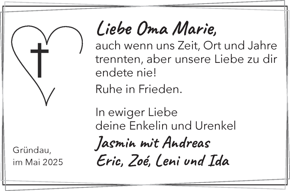  Traueranzeige für Marie  vom 31.05.2025 aus Gelnhäuser Neue Zeitung