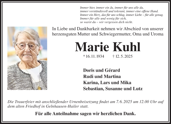 Traueranzeige von Marie Kuhl von Gelnhäuser Neue Zeitung