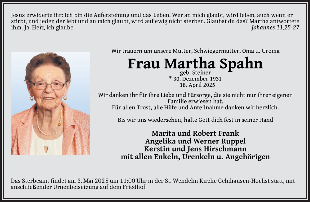  Traueranzeige für Martha Spahn vom 03.05.2025 aus Mittelhessen-Bote