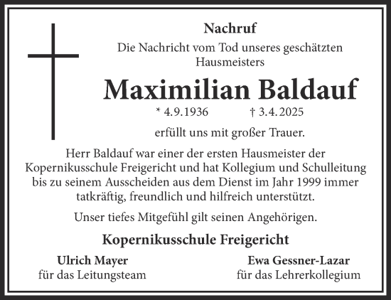 Traueranzeige von Maximilian Baldauf von Gelnhäuser Neue Zeitung