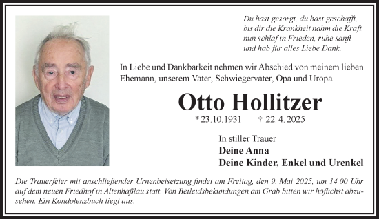 Traueranzeige von Otto Hollitzer von Mittelhessen-Bote