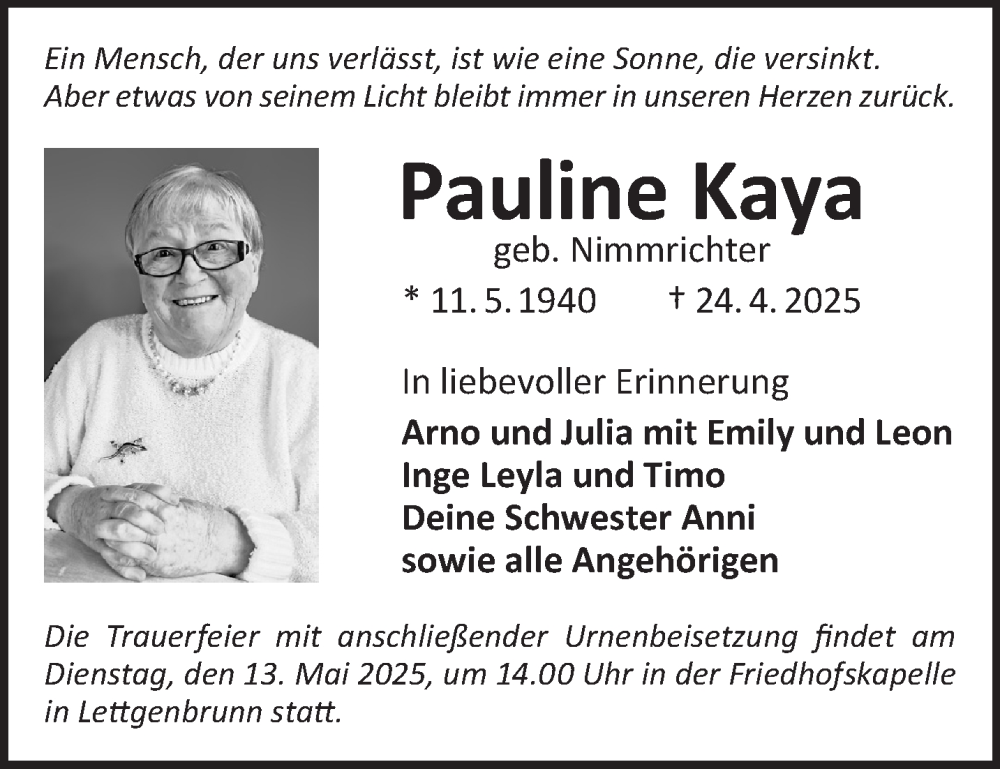  Traueranzeige für Pauline Kaya vom 06.05.2025 aus Gelnhäuser Neue Zeitung