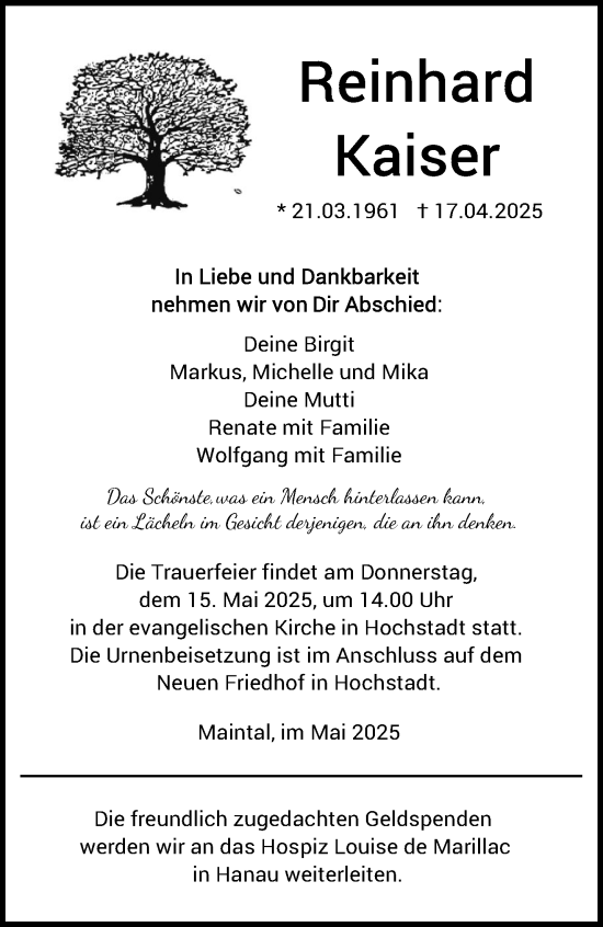 Traueranzeige von Reinhard Kaiser von Gelnhäuser Neue Zeitung