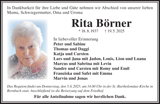 Traueranzeige von Rita Börner von Gelnhäuser Neue Zeitung