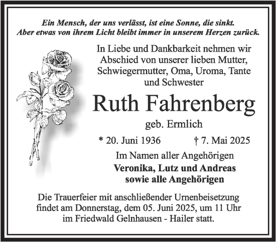 Traueranzeige von Ruth Fahrenberg von Gelnhäuser Neue Zeitung