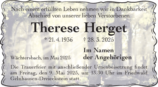 Traueranzeige von Therese Herget von Gelnhäuser Neue Zeitung