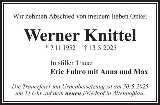 Traueranzeige von Werner Knittel von Gelnhäuser Neue Zeitung