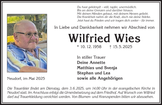 Traueranzeige von Wilfried Wies von Gelnhäuser Neue Zeitung