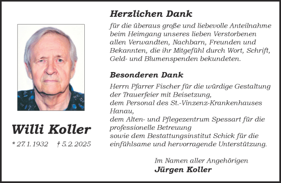 Traueranzeige von Willi Koller von Gelnhäuser Neue Zeitung