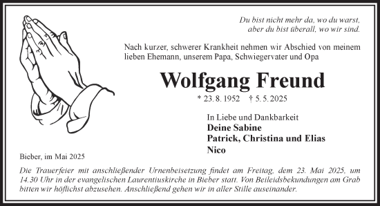 Traueranzeige von Wolfgang Freund von Gelnhäuser Neue Zeitung
