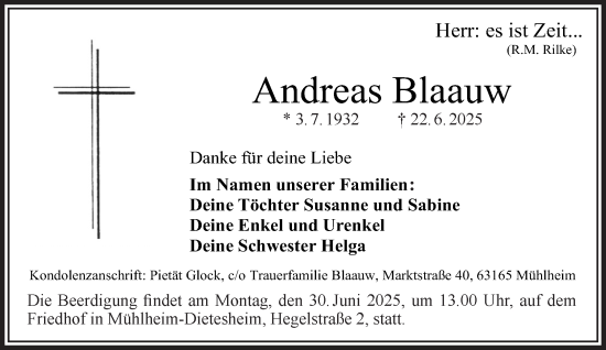 Traueranzeige von Andreas Blaauw von Gelnhäuser Neue Zeitung