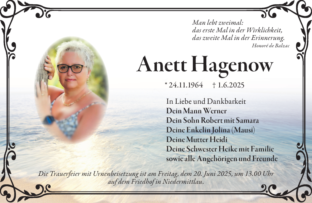  Traueranzeige für Anett Hagenow vom 14.06.2025 aus Mittelhessen-Bote