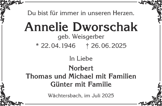 Traueranzeige von Annelie Dworschak von Gelnhäuser Neue Zeitung