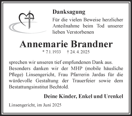 Traueranzeige von Annemarie Brandner von Gelnhäuser Neue Zeitung