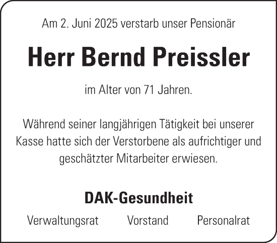 Traueranzeige von Bernd Preissler von Gelnhäuser Neue Zeitung