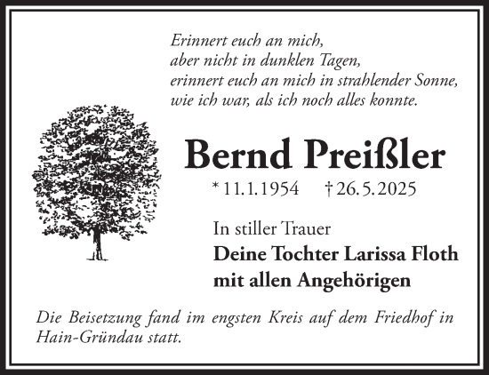 Traueranzeige von Bernd Preißler von Gelnhäuser Neue Zeitung