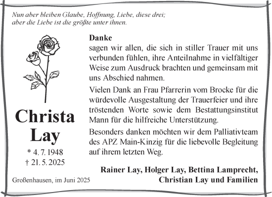 Traueranzeige von Christa Lay von Gelnhäuser Neue Zeitung