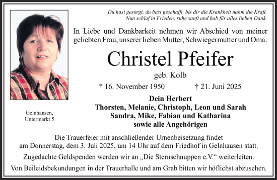 Traueranzeige von Christel Pfeifer von Gelnhäuser Neue Zeitung