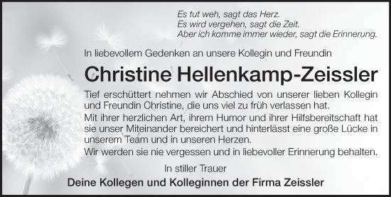 Traueranzeige von Christine Hellenkamp-Zeissler von Gelnhäuser Neue Zeitung