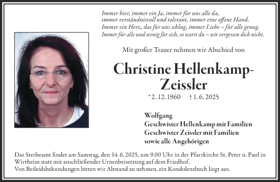 Traueranzeige von Christine Hellenkamp-Zeissler von Gelnhäuser Neue Zeitung