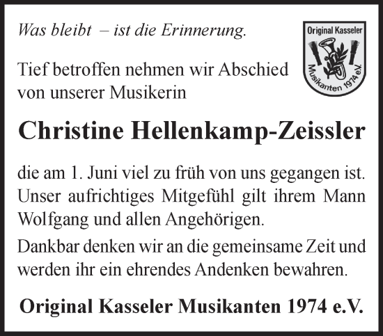 Traueranzeige von Christine Hellenkamp-Zeissler von Gelnhäuser Neue Zeitung