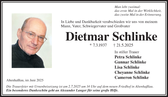 Traueranzeige von Dietmar Schlinke von Gelnhäuser Neue Zeitung