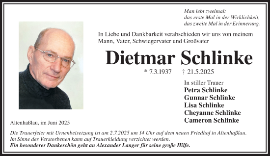Traueranzeige von Dietmar Schlinke von Mittelhessen-Bote
