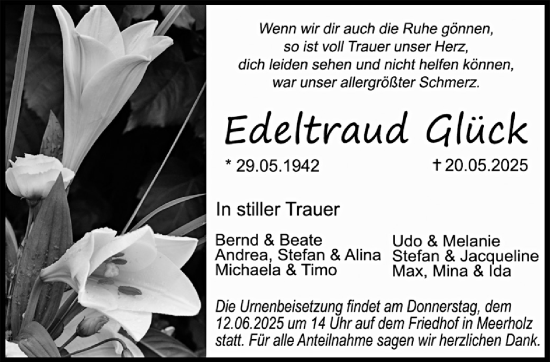 Traueranzeige von Edeltraud Glück von Gelnhäuser Neue Zeitung