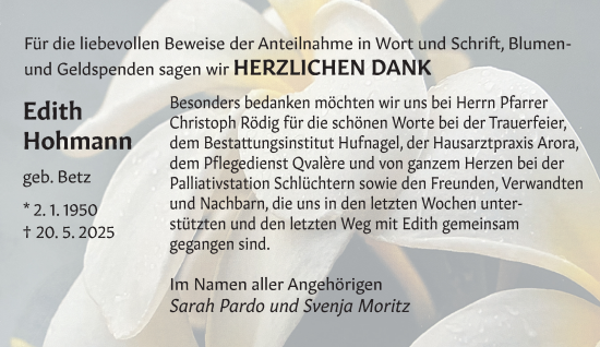 Traueranzeige von Edith Hohmann von Gelnhäuser Neue Zeitung
