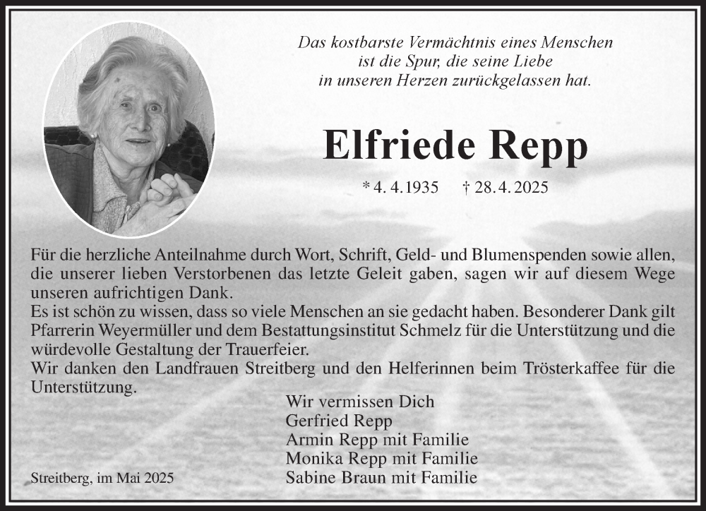  Traueranzeige für Elfriede Repp vom 07.06.2025 aus Gelnhäuser Neue Zeitung