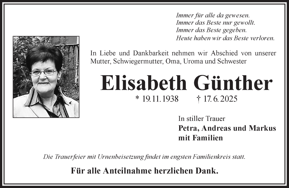  Traueranzeige für Elisabeth Günther vom 28.06.2025 aus Mittelhessen-Bote