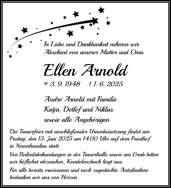 Traueranzeige von Ellen Arnold von Mittelhessen-Bote