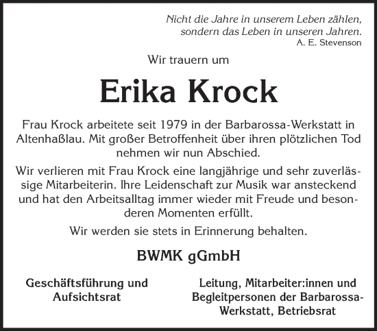 Traueranzeige von Erika Krock von Mittelhessen-Bote