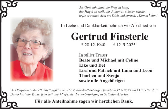 Traueranzeige von Gertrud Finsterle von Mittelhessen-Bote