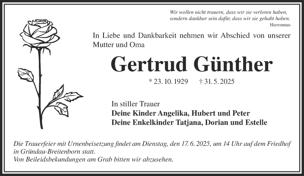  Traueranzeige für Gertrud Günther vom 07.06.2025 aus Gelnhäuser Neue Zeitung