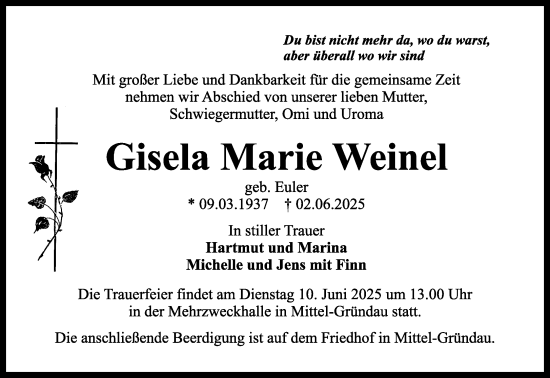 Traueranzeige von Gisela Marie Weinel von Gelnhäuser Neue Zeitung