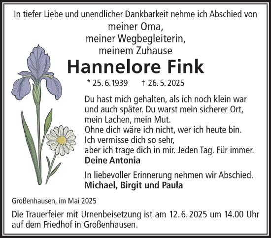Traueranzeige von Hannelore Fink von Gelnhäuser Neue Zeitung