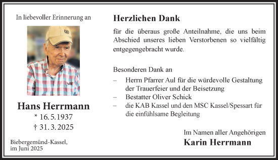 Traueranzeige von Hans Herrmann von Gelnhäuser Neue Zeitung