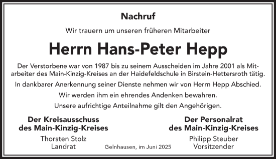 Traueranzeige von Hans-Peter Hepp von Mittelhessen-Bote