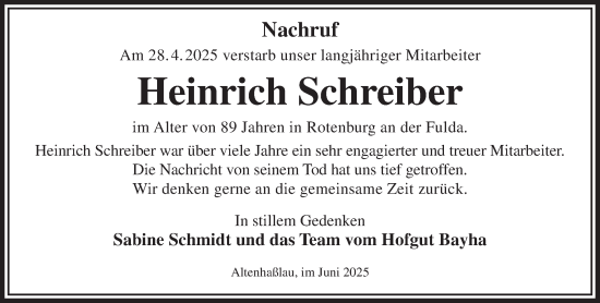 Traueranzeige von Heinrich Schreiber von Gelnhäuser Neue Zeitung