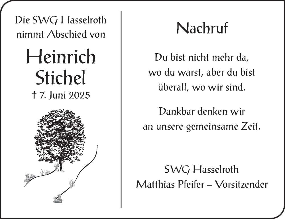  Traueranzeige für Heinrich Stichel vom 14.06.2025 aus Gelnhäuser Neue Zeitung