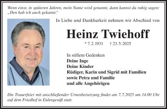 Traueranzeige von Heinz Twiehoff von Gelnhäuser Neue Zeitung