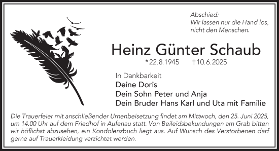 Traueranzeige von Heinz Günter Schaub von Gelnhäuser Neue Zeitung