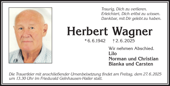 Traueranzeige von Herbert Wagner von Gelnhäuser Neue Zeitung