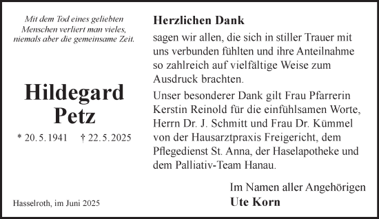 Traueranzeige von Hildegard Petz von Gelnhäuser Neue Zeitung